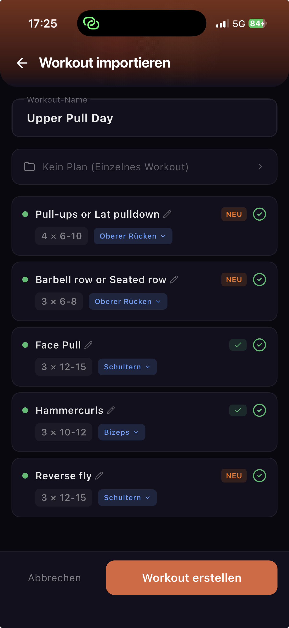 AI workout import and creation